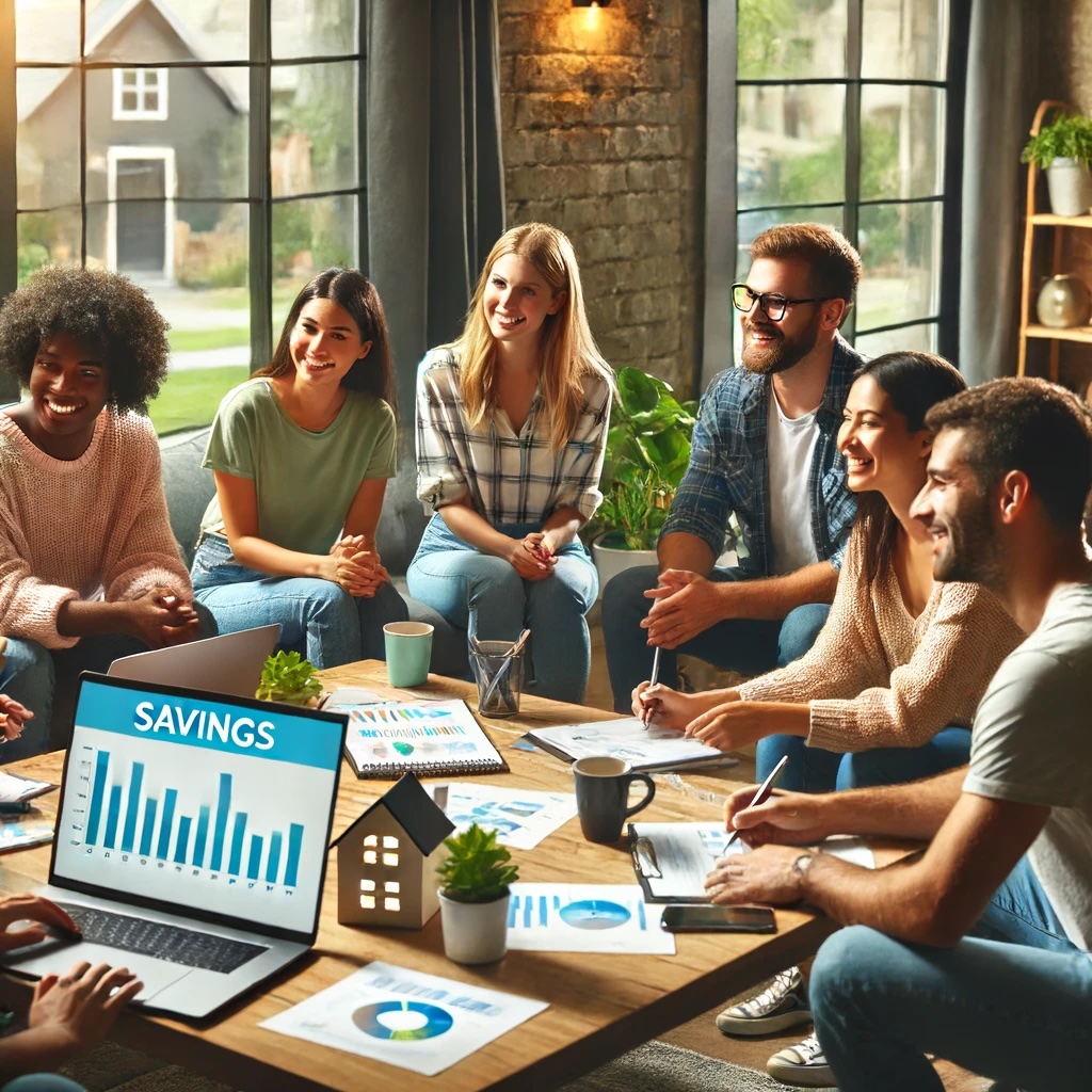 First-time homebuyers discussing savings strategies in a cozy living room with budget sheets and a computer displaying an automated savings plan, with a suburban neighborhood view in the background